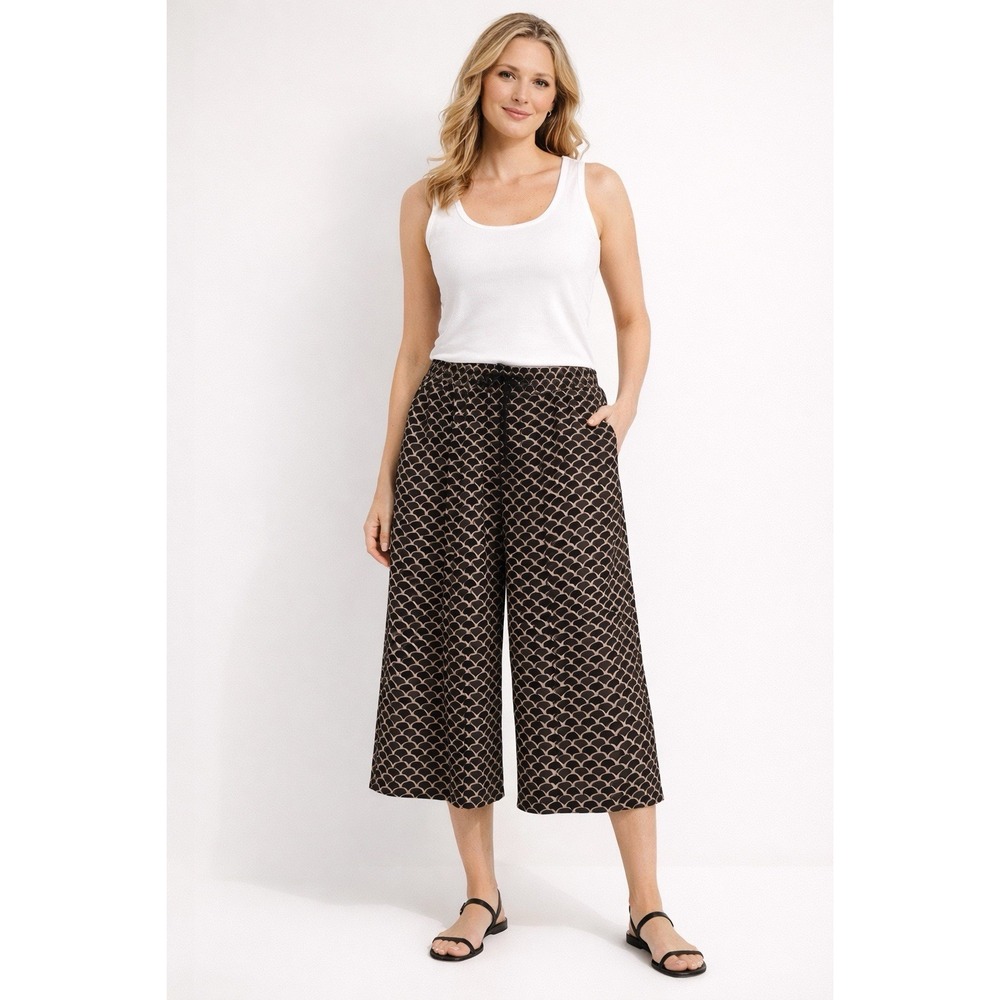 Westside Culotte Palazzo Pants Wm's M Black‎ Tan Scallop Print Wide Leg Cropped